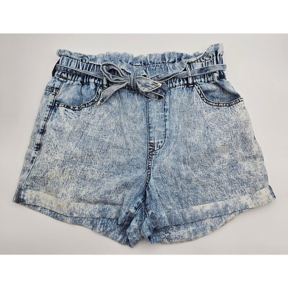 TGLA Women's Size S Acid Wash Pull On Cuffed Paperbag Jean Shorts w/Tie Waist